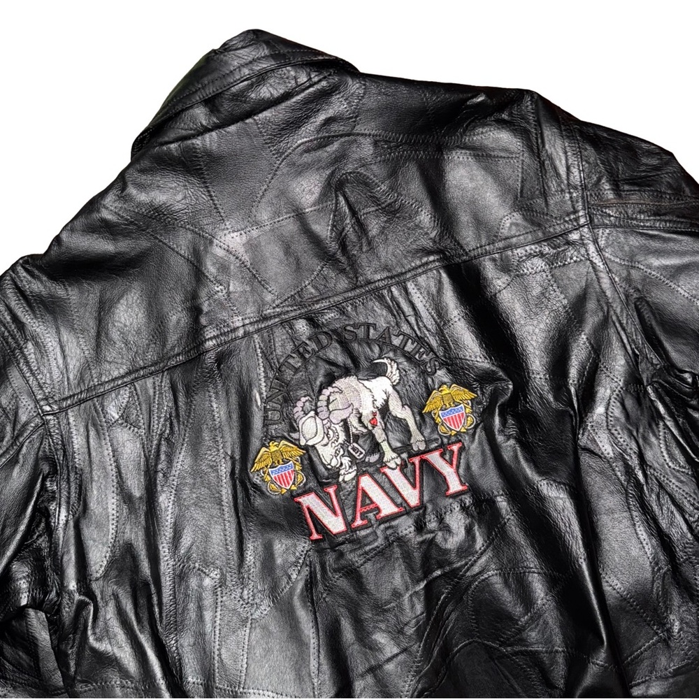 Vintage Deadstock 90s Black‎ Leather Bomber Jacket US Navy Military Embroidered